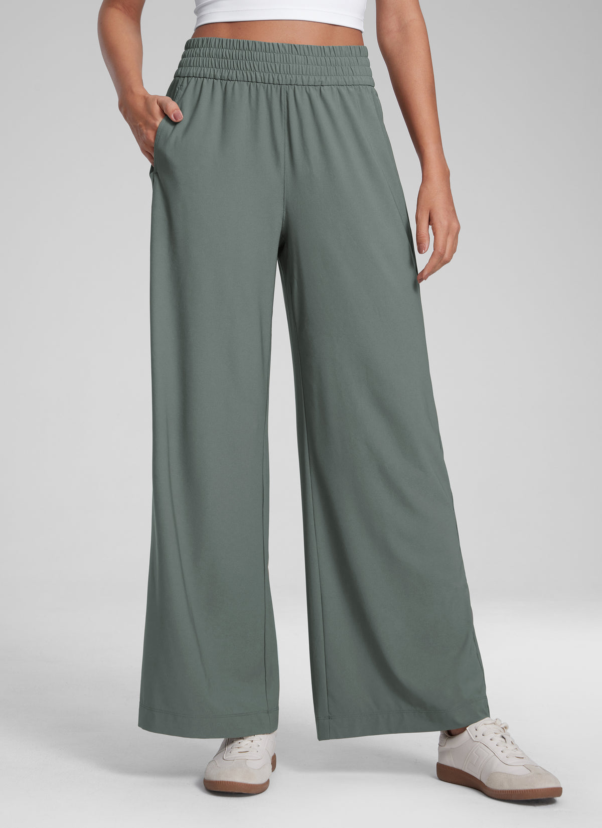 CRZ YOGA Women's Casual High Rise Wide Leg Pants with Pockets 30'' Grey Sage @model_info:Jenna