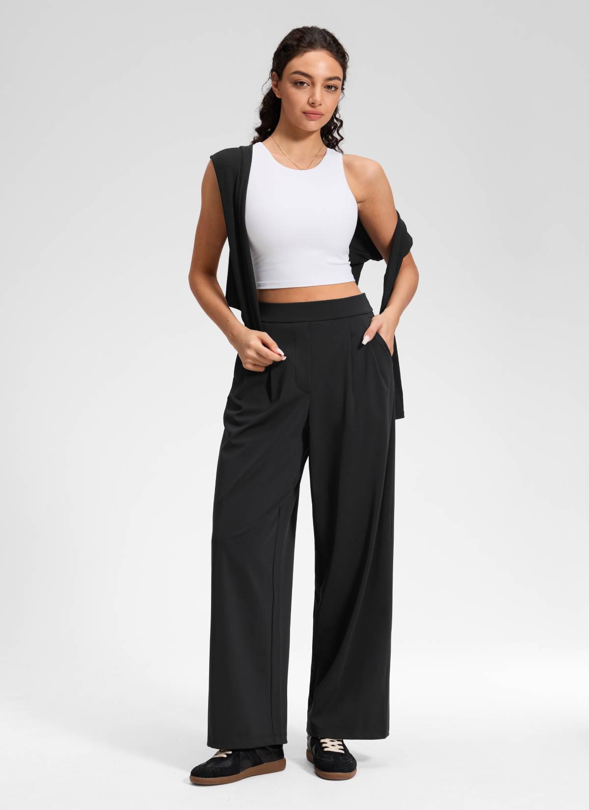 CRZ YOGA Women's Business High Rise Drawstring Pocket Wide Leg Pant Black
