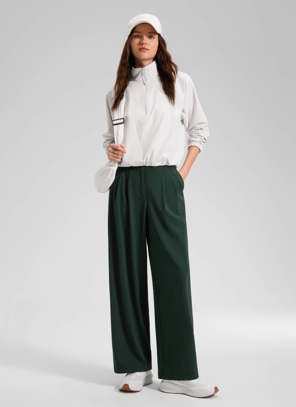CRZ YOGA Women's Business High Rise Drawstring Pocket Wide Leg Pant Legend Green