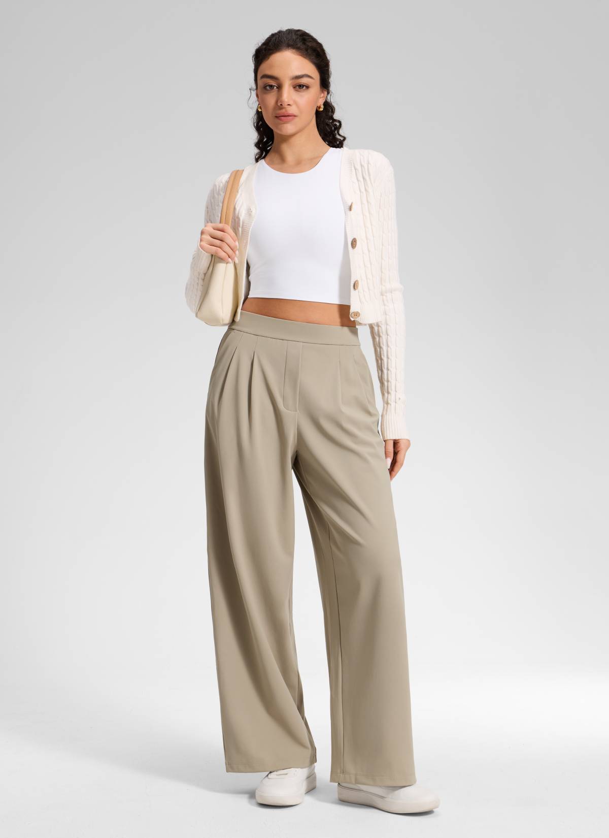 CRZ YOGA Women's Business High Rise Drawstring Pocket Wide Leg Pant Oak