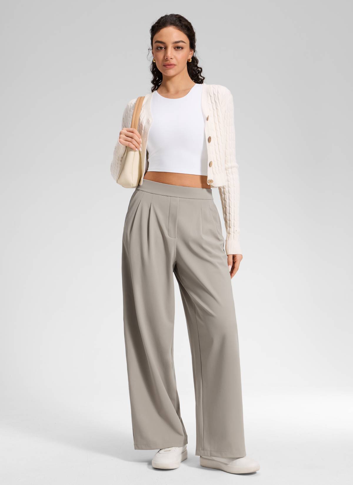 CRZ YOGA Women's Business High Rise Drawstring Pocket Wide Leg Pant Stone
