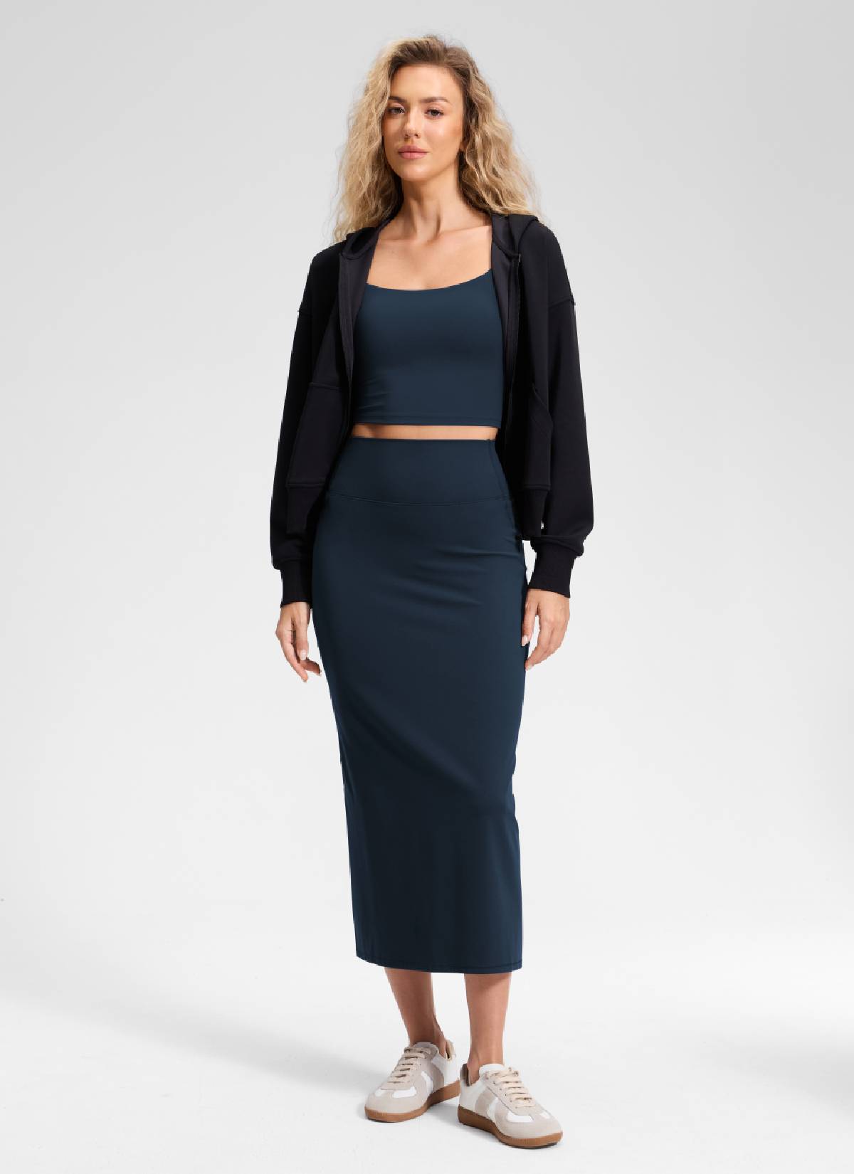 CRZ YOGA Women's Butterlift High Rise Slim Fit Maxi Pencil Skirt True Navy @model_info:Anna