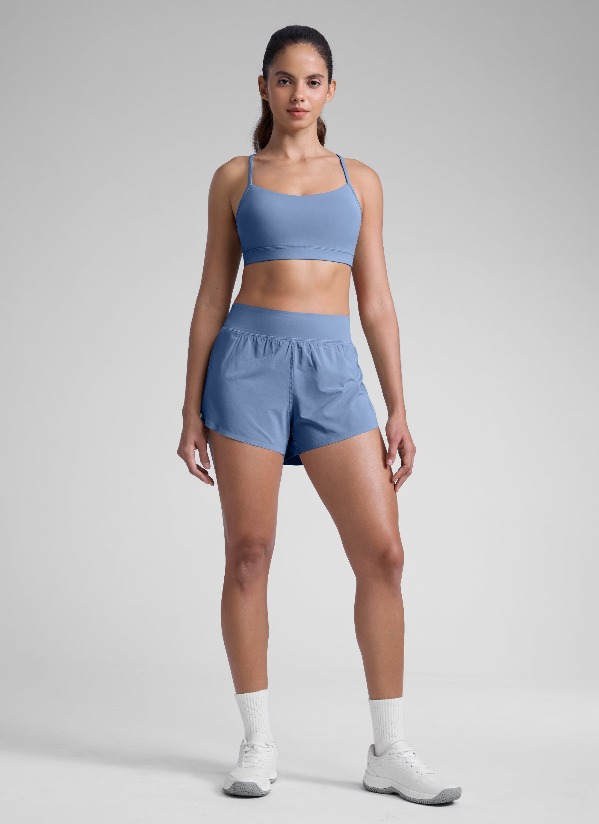 CRZ YOGA Women's Running High Rise Mesh Lined Shorts 3'' Workout Short Oasis Blue @model_info:Dany