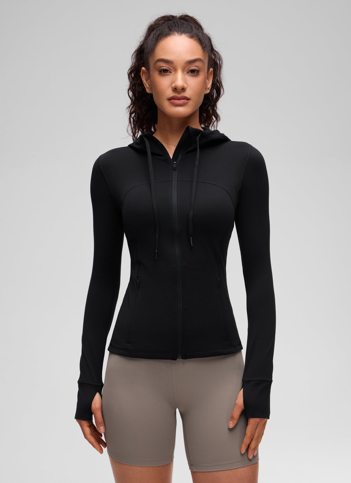 CRZ YOGA Women's Butterluxe Slim Fit Pocket Outerwear Full Zip Hoodies Black @model_info:Larissa