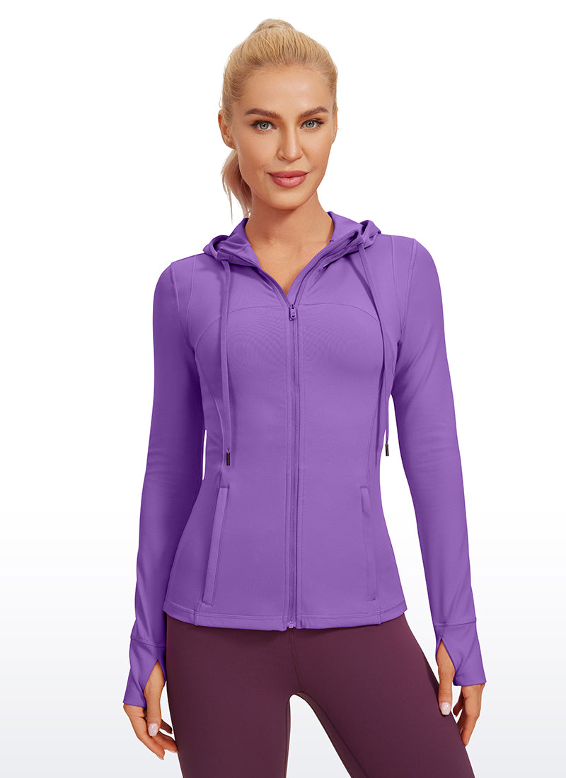CRZ YOGA Women's Butterluxe Slim Fit Pocket Outerwear Full Zip Hoodies Royal Lilac @model_info:natali