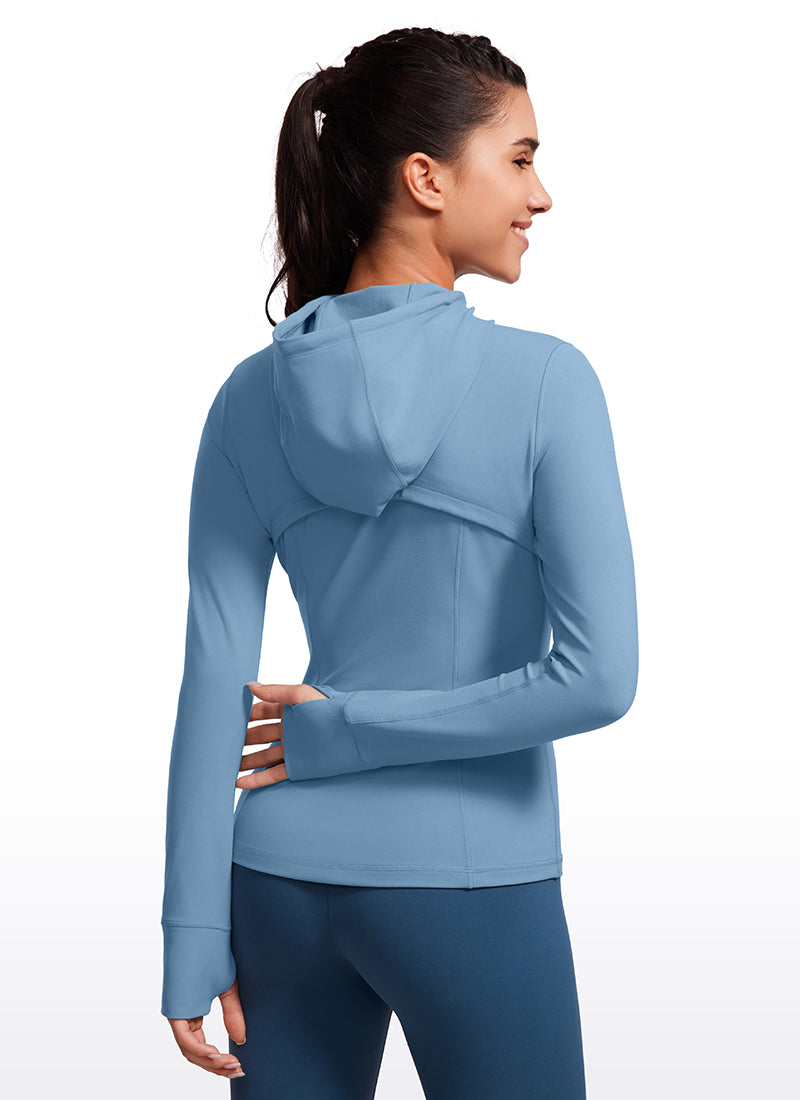 CRZ YOGA Women's Butterluxe Slim Fit Pocket Outerwear Full Zip Hoodies Universe Blue @model_info:gabri