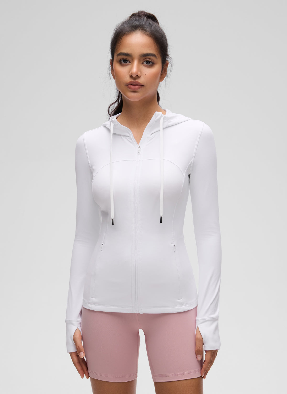 CRZ YOGA Women's Butterluxe Slim Fit Pocket Outerwear Full Zip Hoodies White @model_info:Liss