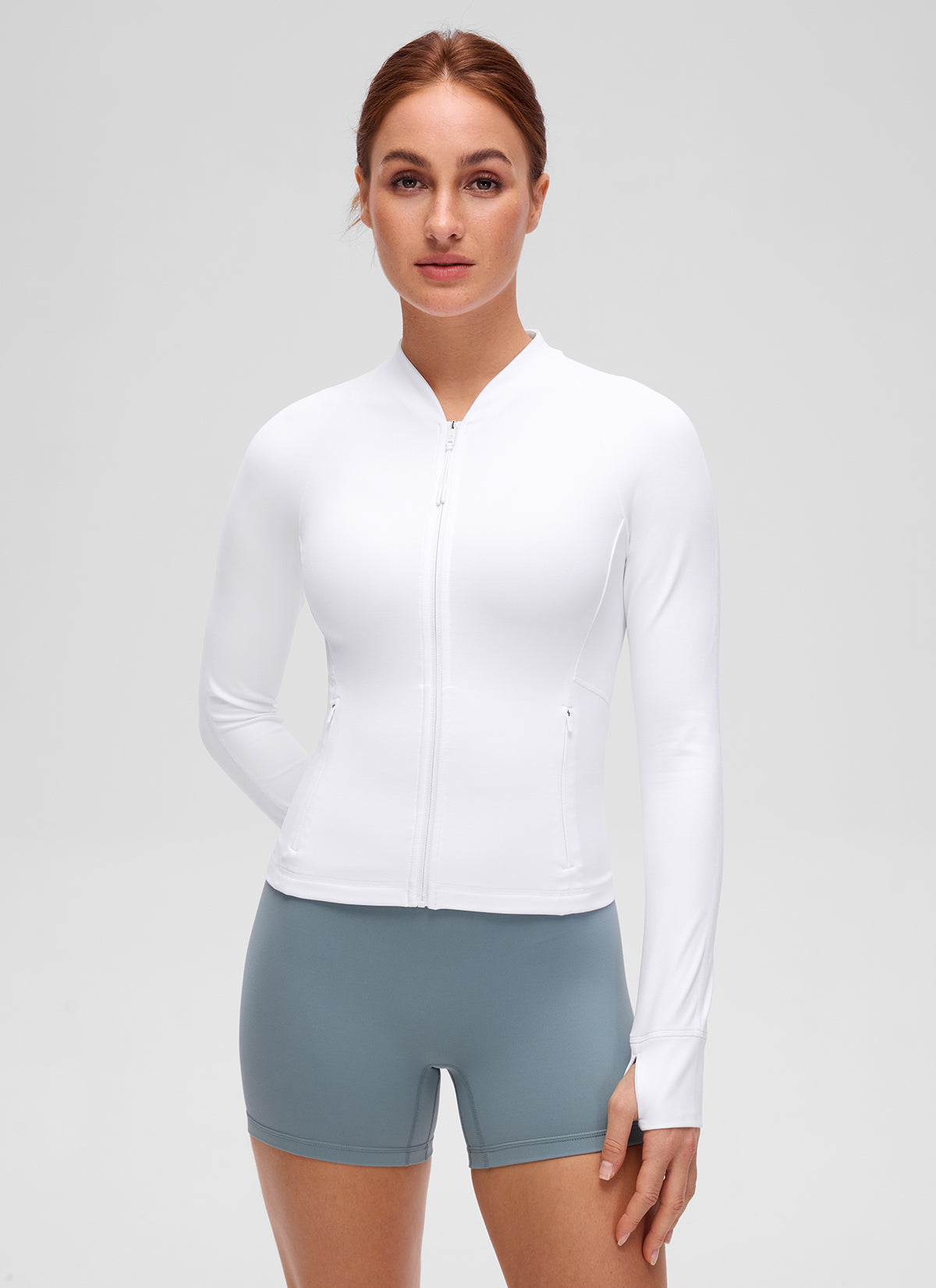 CRZ YOGA Women's Butterluxe Casual V Neck Waist Length Pocket Jacket White