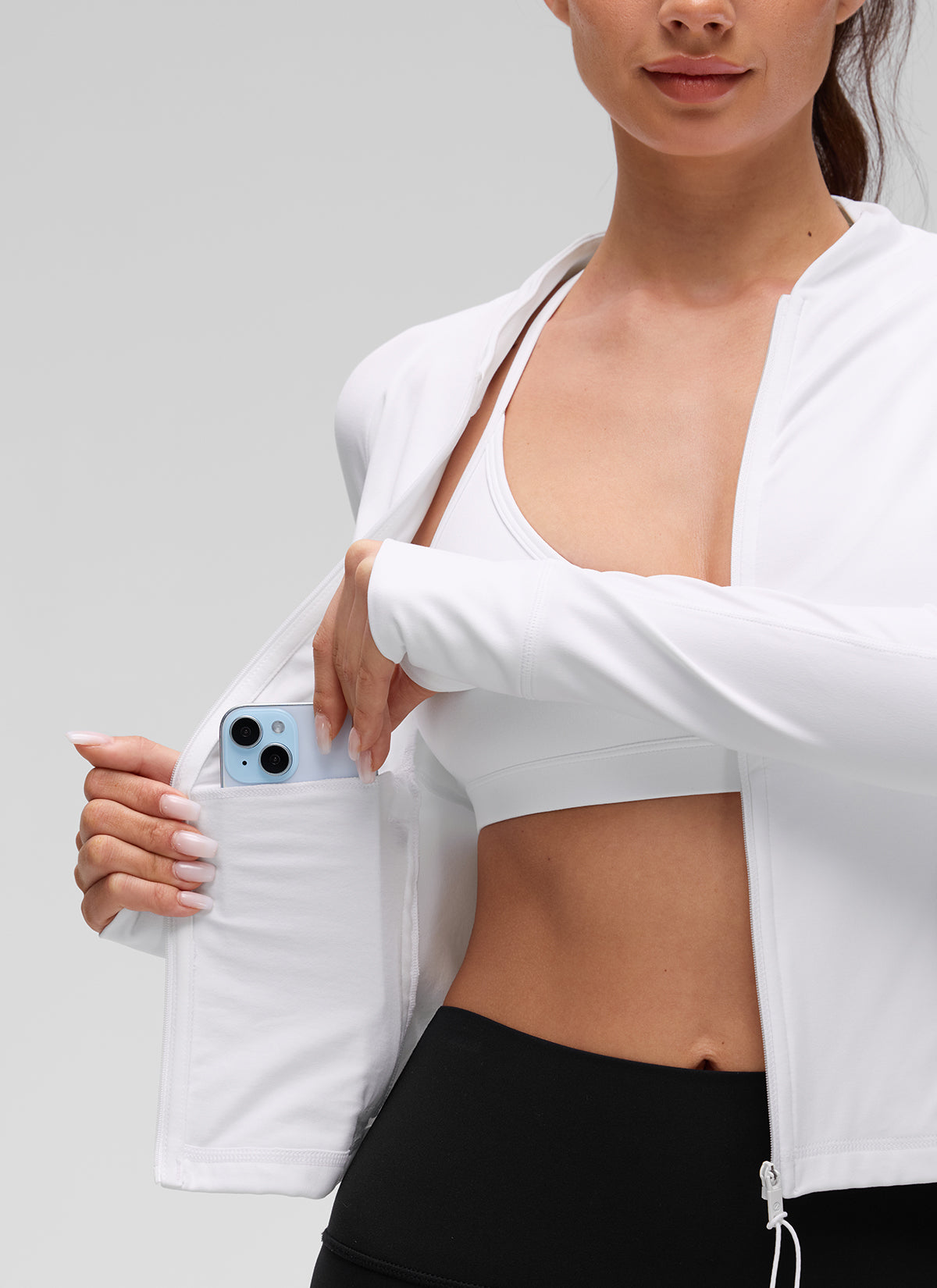 CRZ YOGA Women's Butterluxe Casual V Neck Waist Length Pocket Jacket White