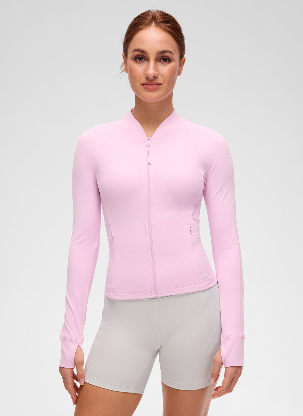 CRZ YOGA Women's Butterluxe Casual V Neck Waist Length Pocket Jacket Vita Pink