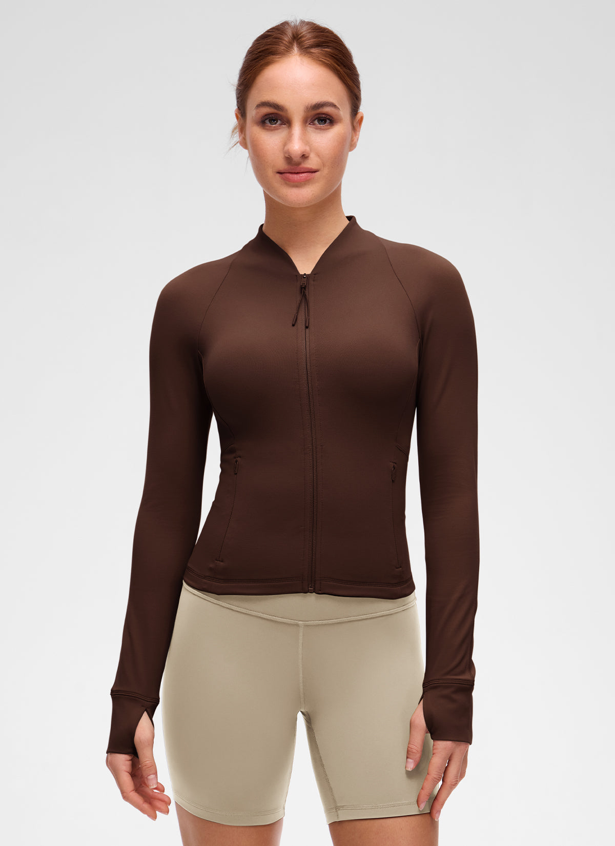 CRZ YOGA Women's Butterluxe Casual V Neck Waist Length Pocket Jacket Lava Brown