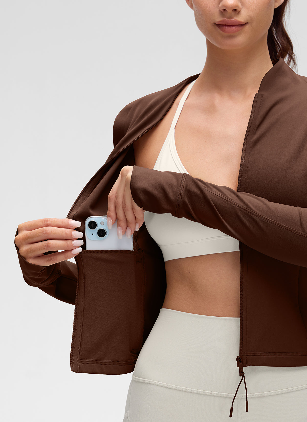 CRZ YOGA Women's Butterluxe Casual V Neck Waist Length Pocket Jacket Lava Brown