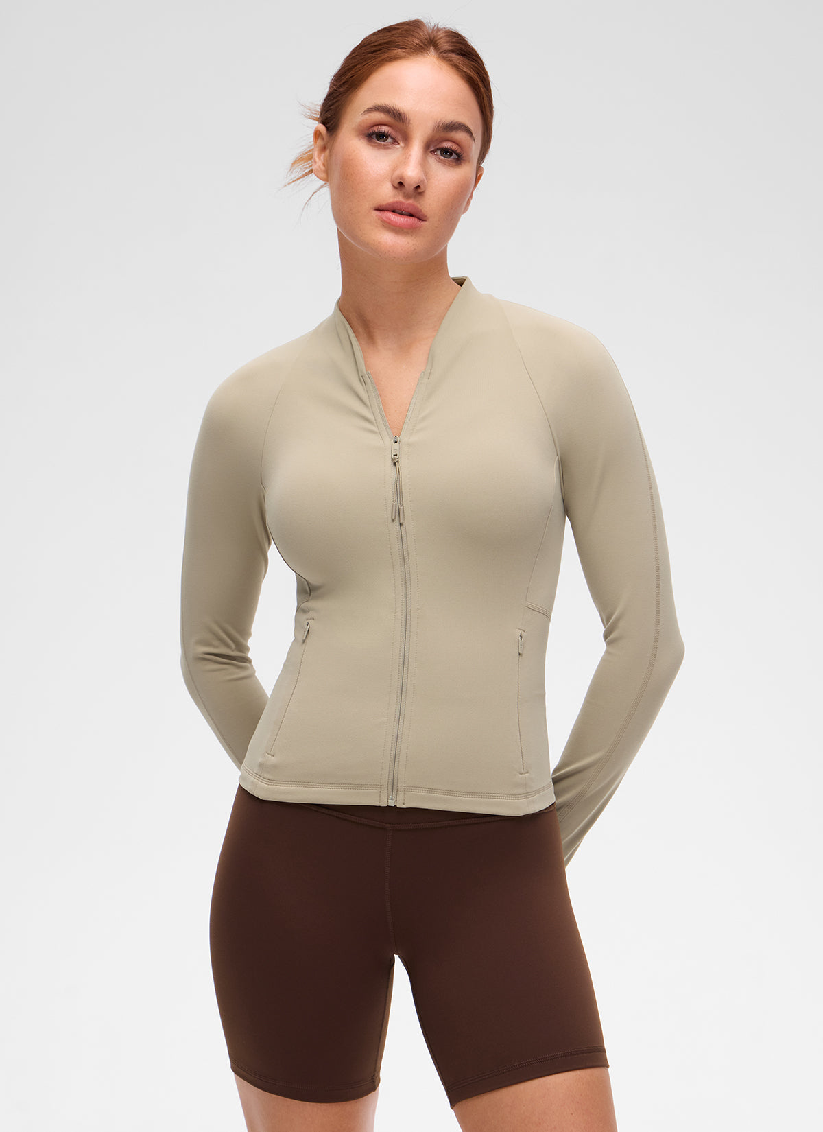 CRZ YOGA Women's Butterluxe Casual V Neck Waist Length Pocket Jacket Oak