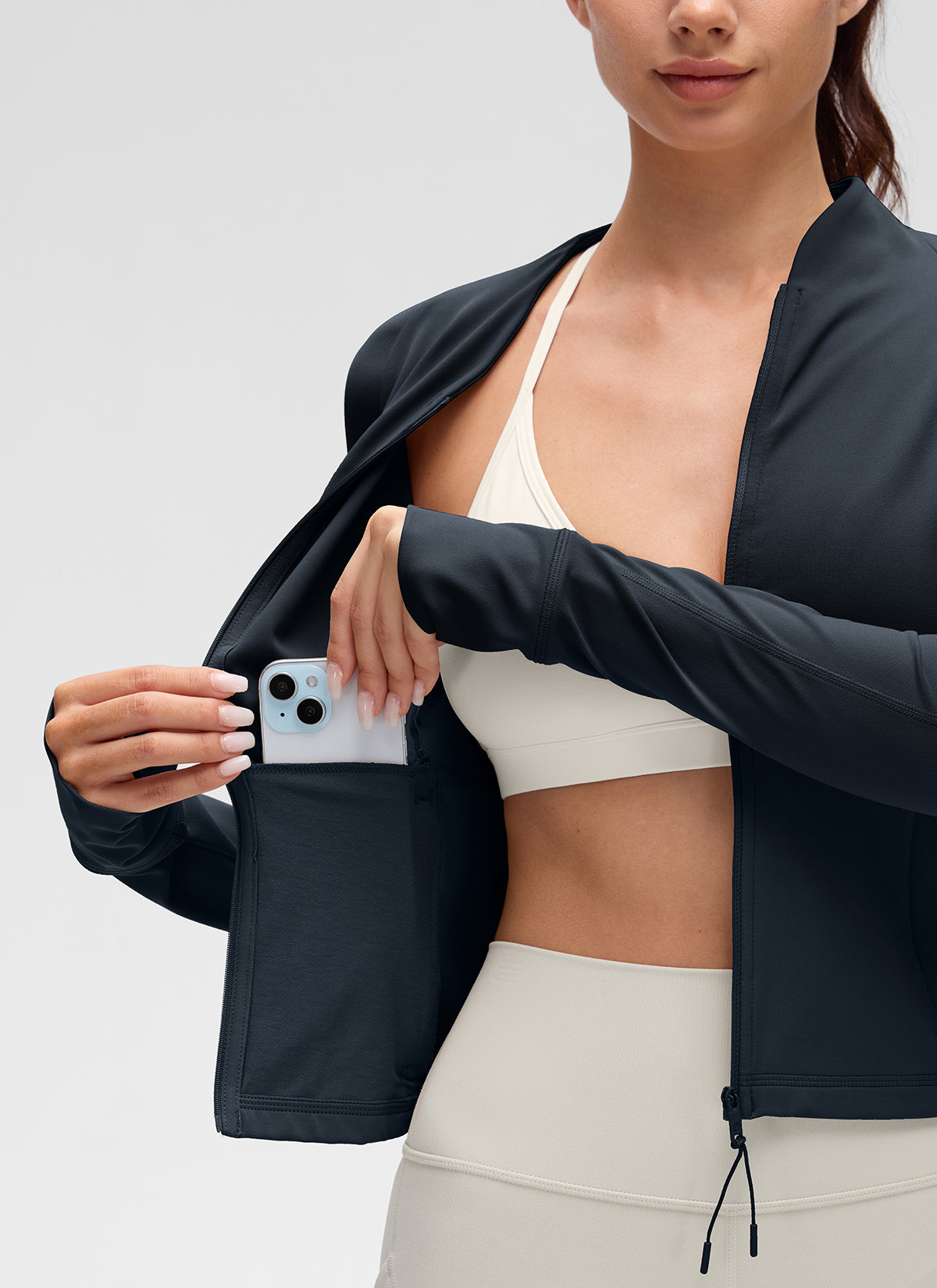 CRZ YOGA Women's Butterluxe Casual V Neck Waist Length Pocket Jacket True Navy