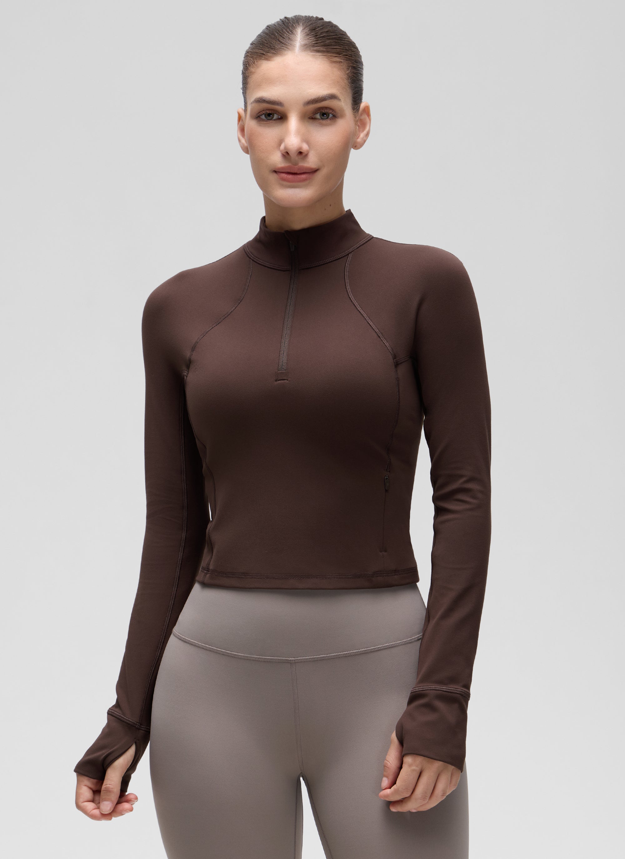 CRZ YOGA Women's Yoga Slim Fit Tops Butterluxe Half-Zip Long Sleeve Hot Fudge Brown @model_info:Jaynne