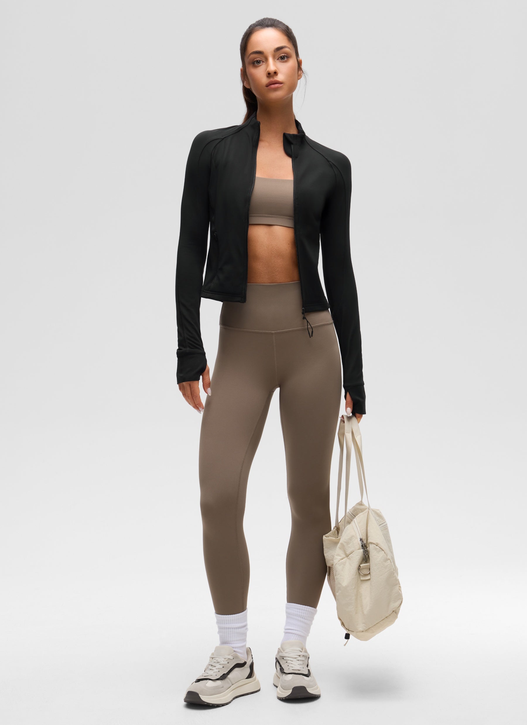 CRZ YOGA Women's Butterluxe Cropped Pocket Outerwear Full Zip Jackets Black @model_info:Isidora