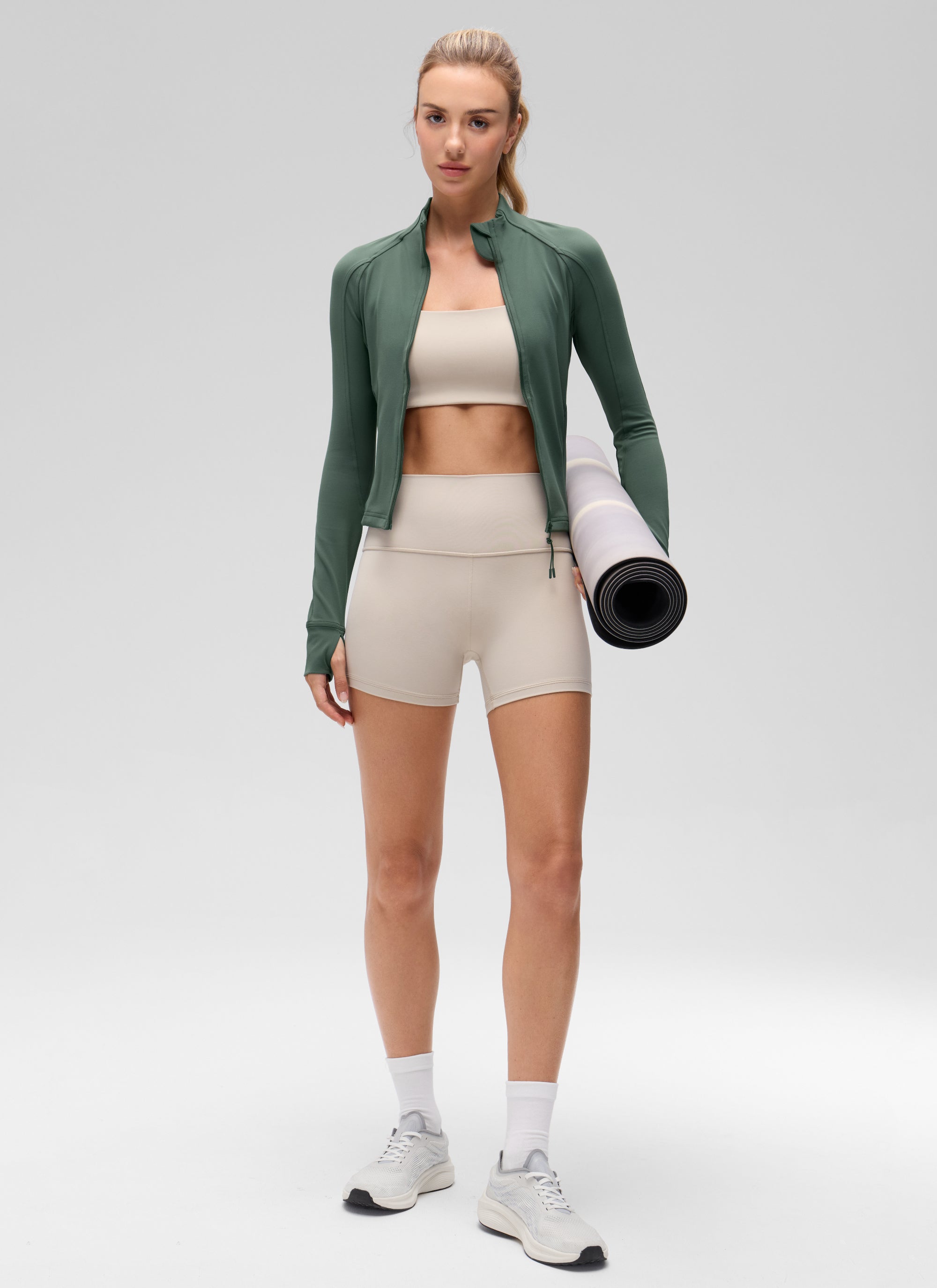 CRZ YOGA Women's Butterluxe Cropped Pocket Outerwear Full Zip Jackets Dark Forest Green @model_info:Anna