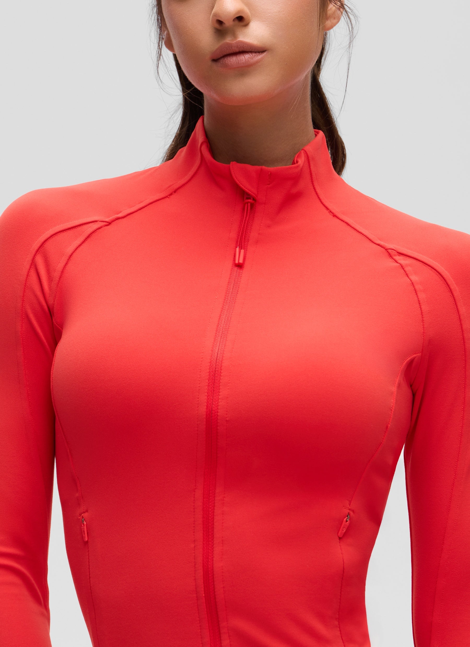 CRZ YOGA Women's Butterluxe Cropped Pocket Outerwear Full Zip Jackets Deep Red @model_info:Isidora