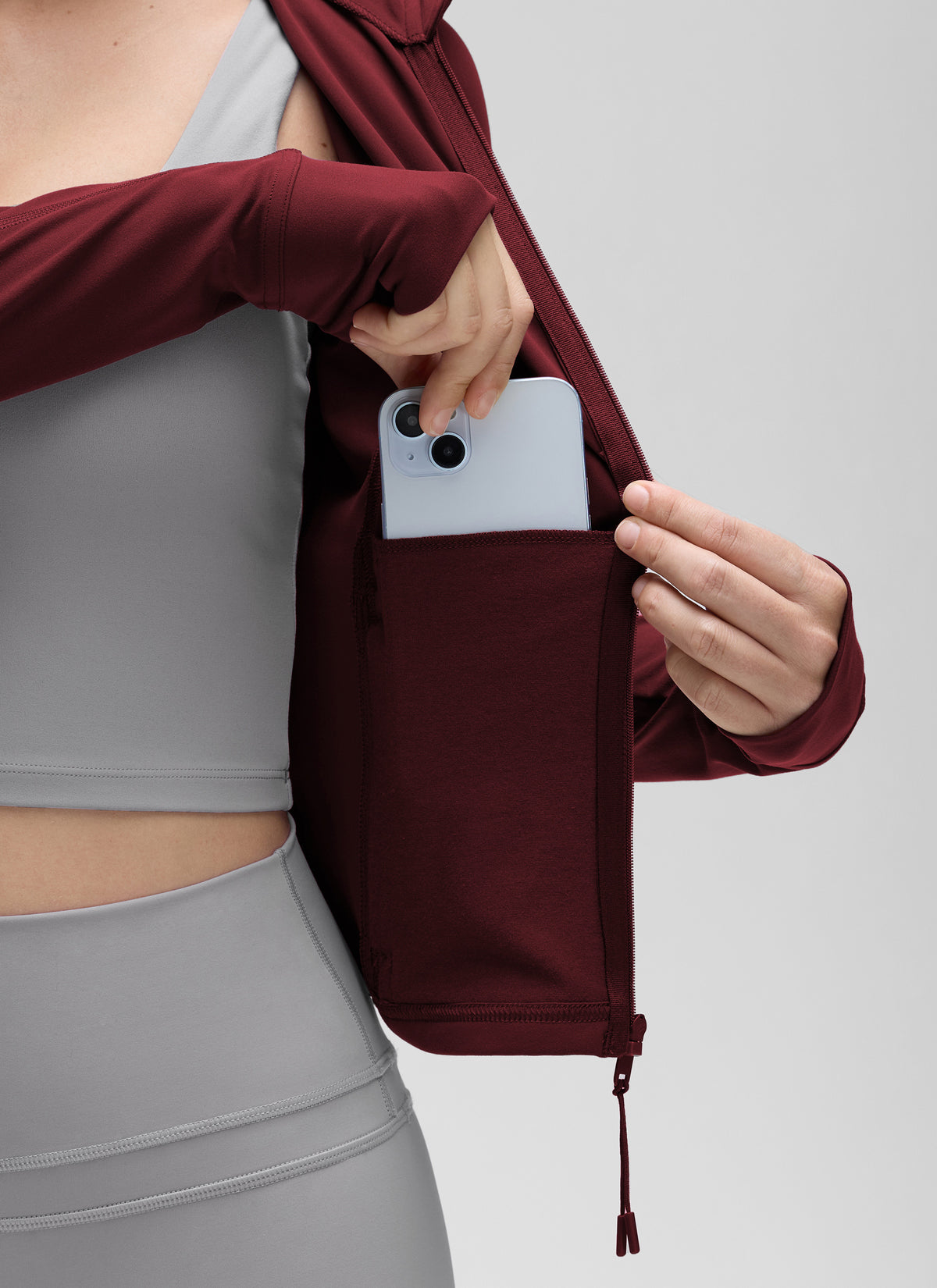 CRZ YOGA Women's Butterluxe Cropped Pocket Outerwear Full Zip Jackets Red Merlot @model_info:J