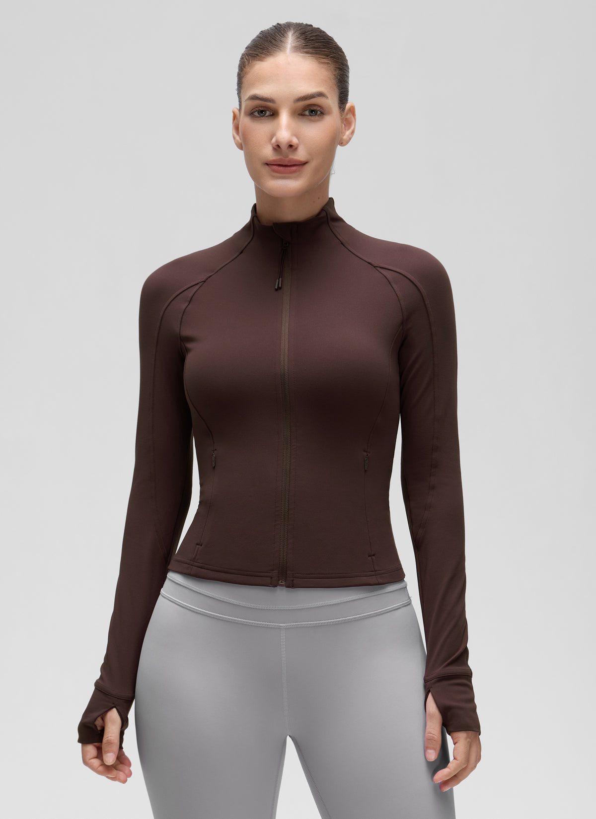 CRZ YOGA Women's Butterluxe Cropped Pocket Outerwear Full Zip Jackets Hot Fudge Brown @model_info:J