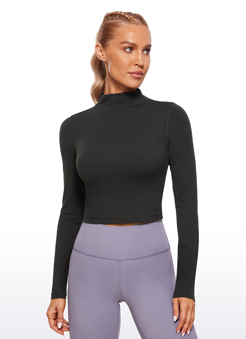 CRZ YOGA Women's Slim Fit Butterluxe Yoga Crop Long Sleeves Mock Turtleneck Black