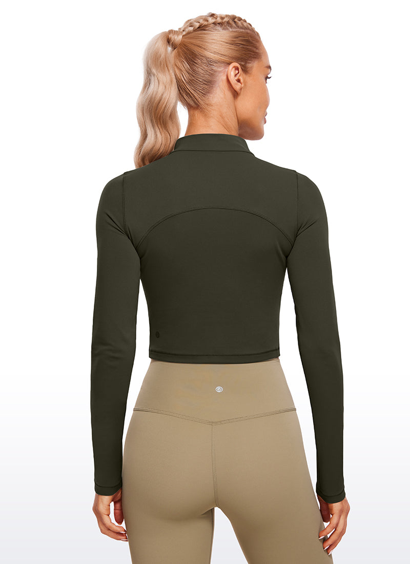 CRZ YOGA Women's Slim Fit Butterluxe Yoga Crop Long Sleeves Mock Turtleneck Olive Green