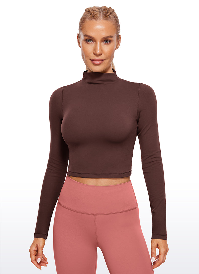 CRZ YOGA Women's Slim Fit Butterluxe Yoga Crop Long Sleeves Mock Turtleneck Taupe