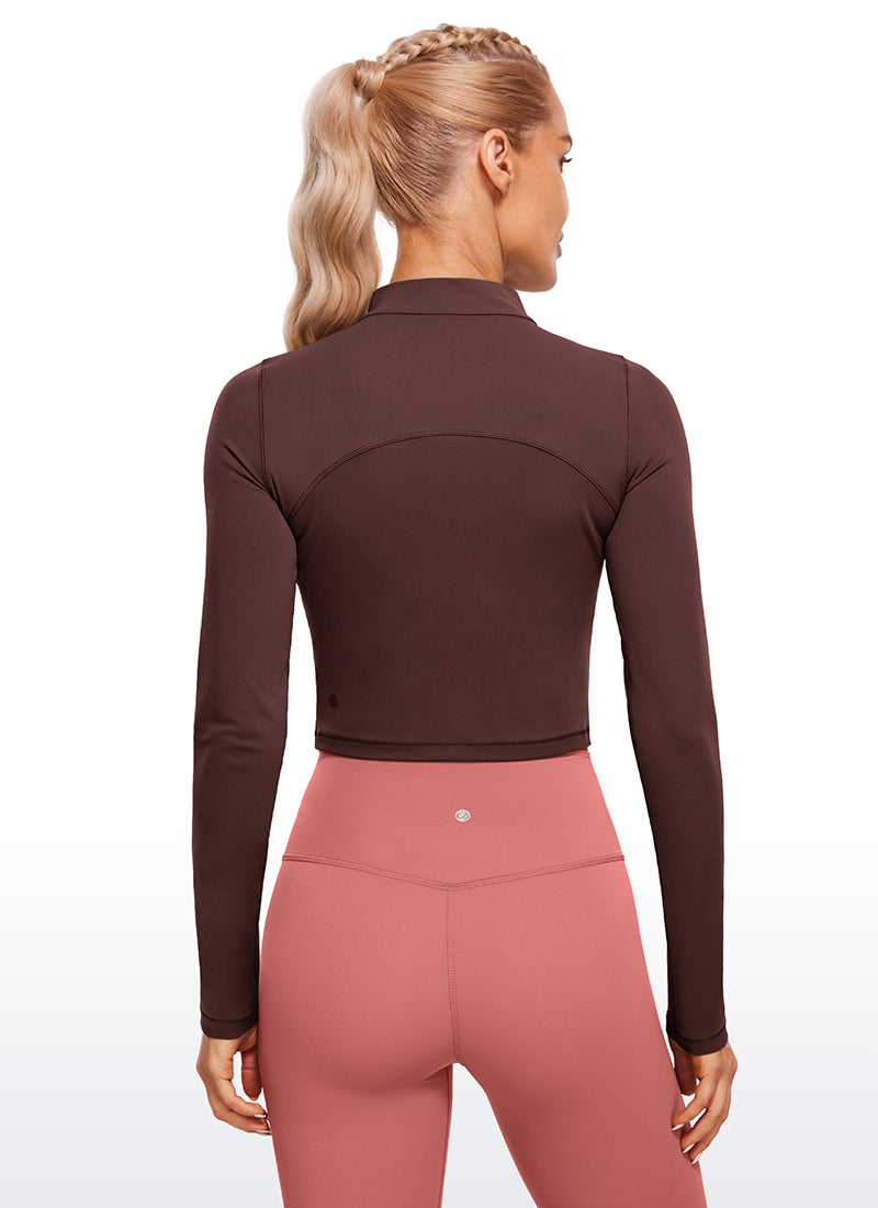 CRZ YOGA Women's Slim Fit Butterluxe Yoga Crop Long Sleeves Mock Turtleneck Taupe