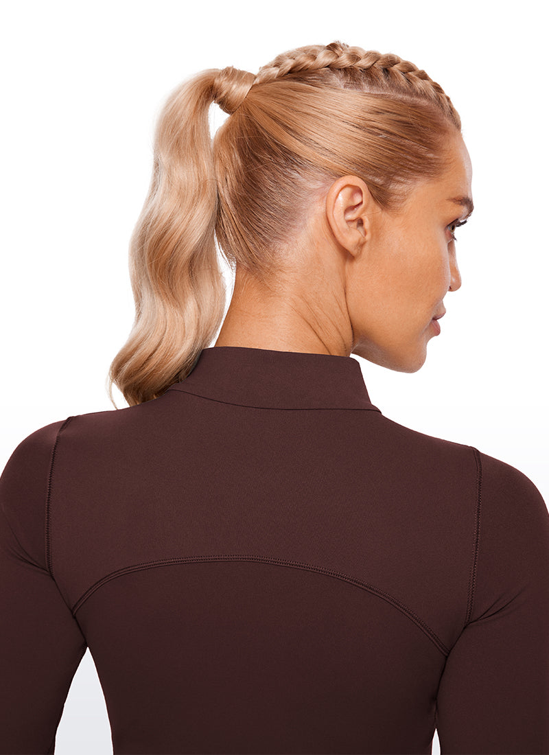 CRZ YOGA Women's Slim Fit Butterluxe Yoga Crop Long Sleeves Mock Turtleneck Taupe