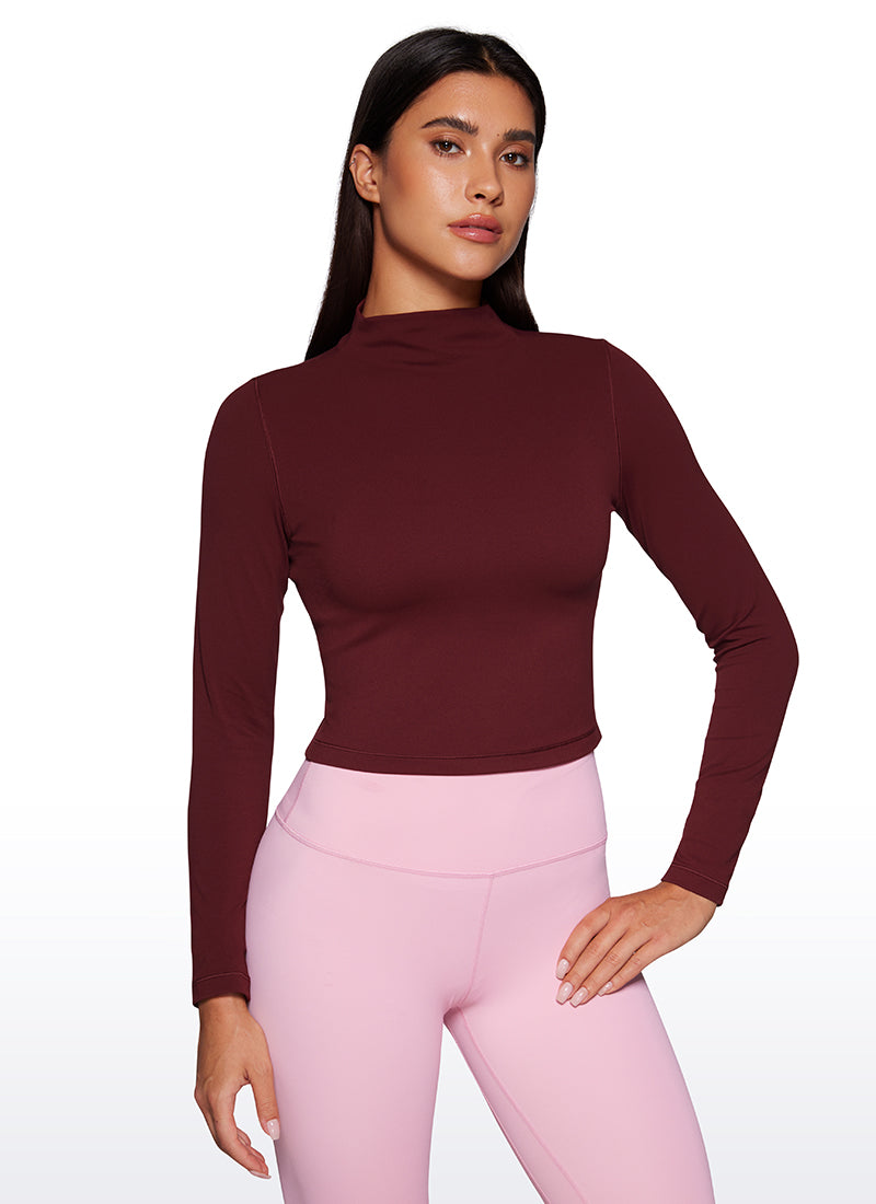 CRZ YOGA Women's Slim Fit Butterluxe Yoga Crop Long Sleeves Mock Turtleneck Red Merlot