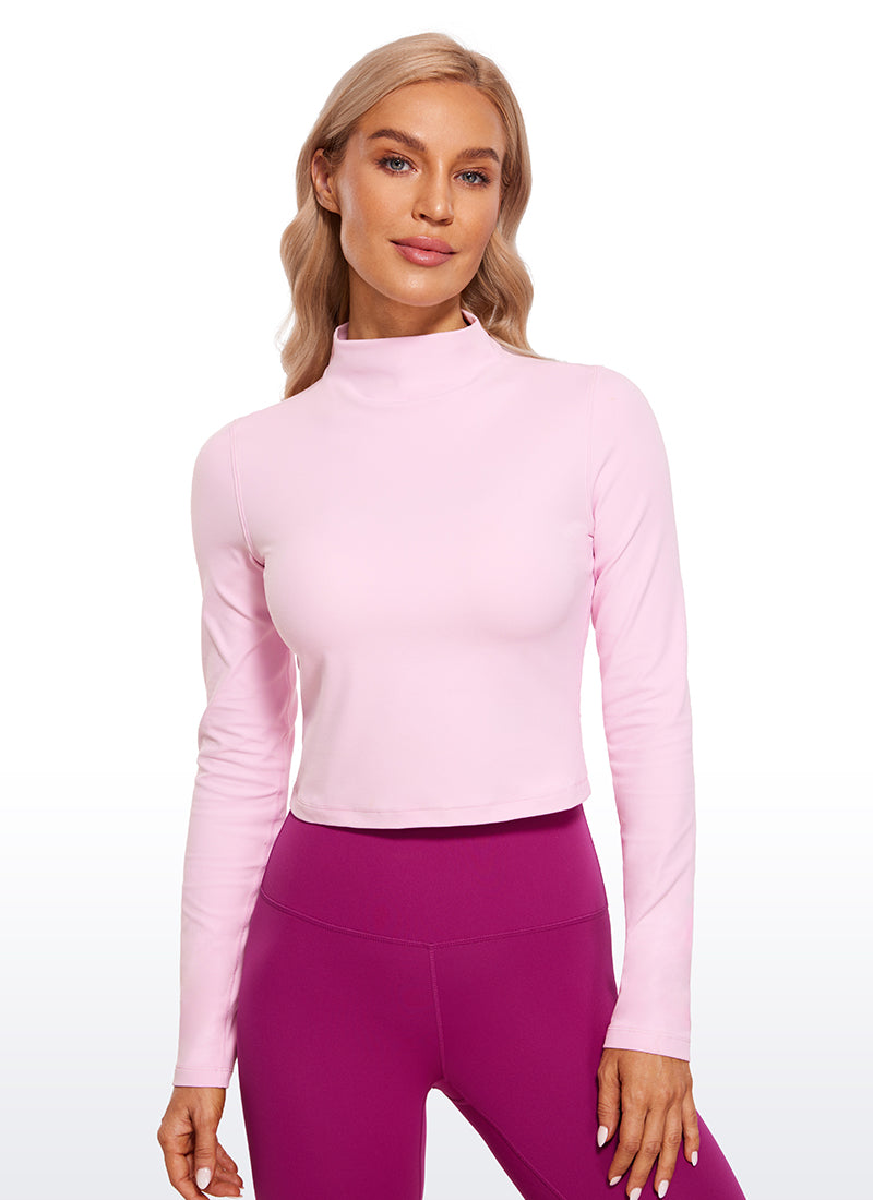 CRZ YOGA Women's Slim Fit Butterluxe Yoga Crop Long Sleeves Mock Turtleneck Pink Peony
