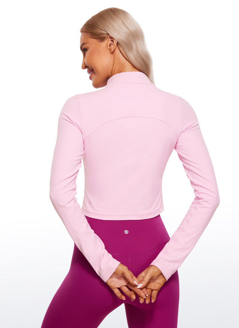 CRZ YOGA Women's Slim Fit Butterluxe Yoga Crop Long Sleeves Mock Turtleneck Pink Peony