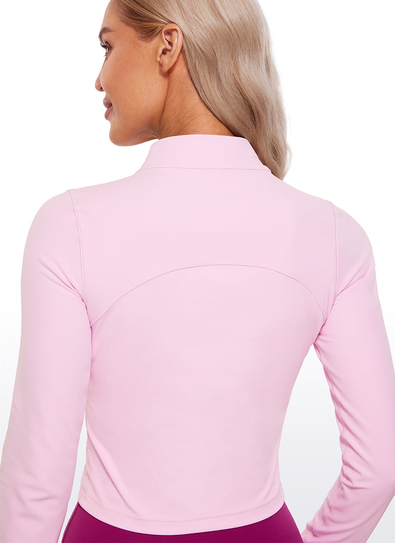 CRZ YOGA Women's Slim Fit Butterluxe Yoga Crop Long Sleeves Mock Turtleneck Pink Peony
