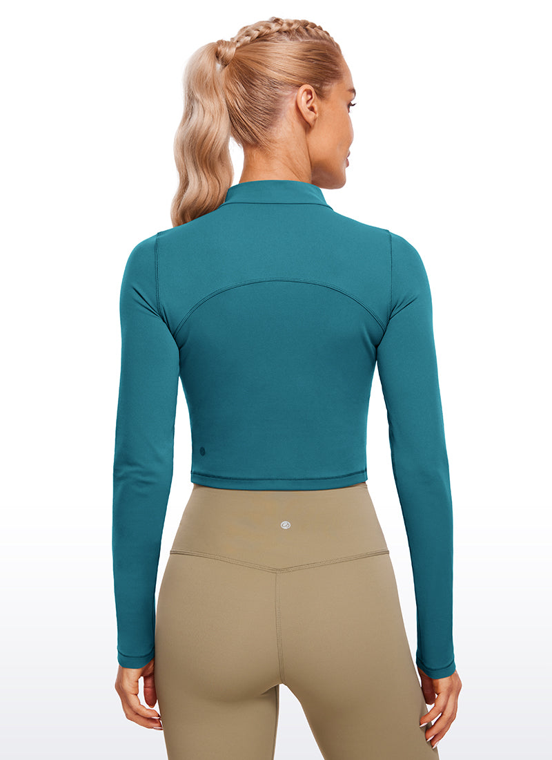 CRZ YOGA Women's Slim Fit Butterluxe Yoga Crop Long Sleeves Mock Turtleneck Borealis Green @model_info:NAT