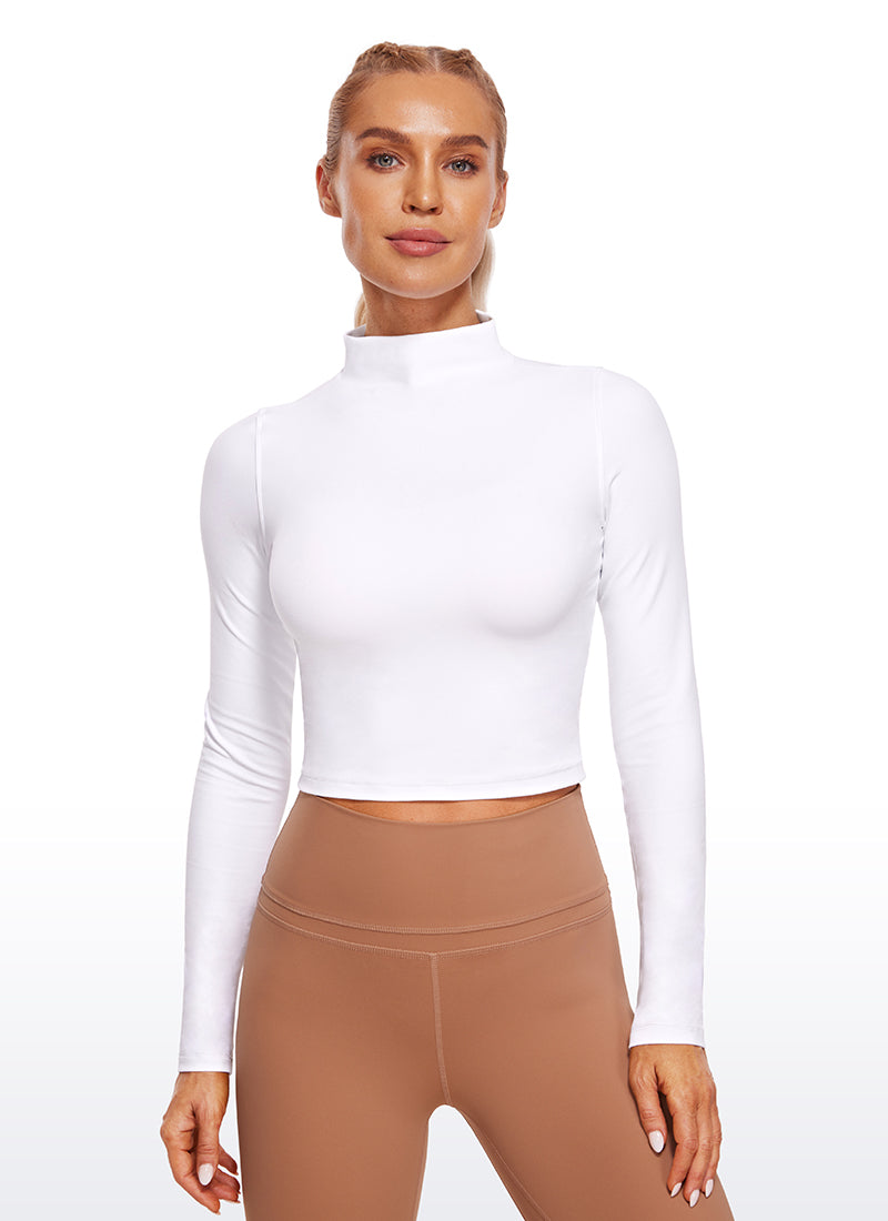 CRZ YOGA Women's Slim Fit Butterluxe Yoga Crop Long Sleeves Mock Turtleneck White @model_info:NAT