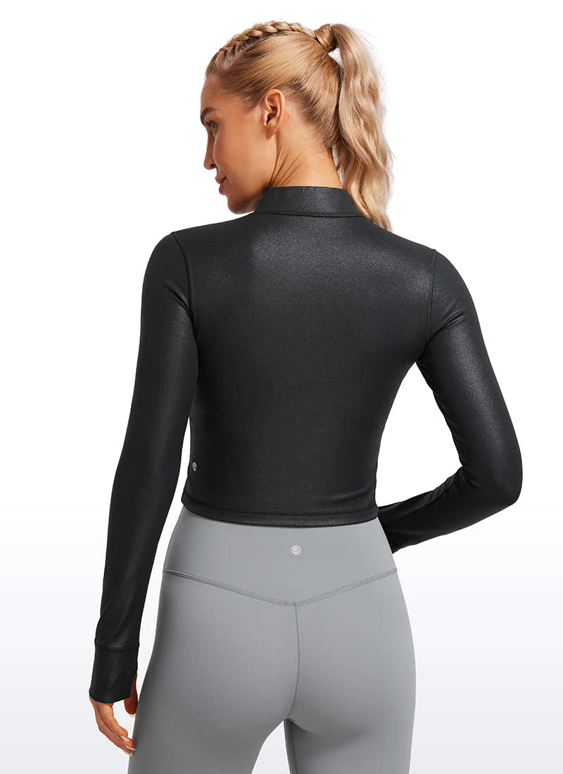 CRZ YOGA Women's Butterluxe Cropped Outerwear Full Zip Jackets Black Classic Leather @model_info:Natali