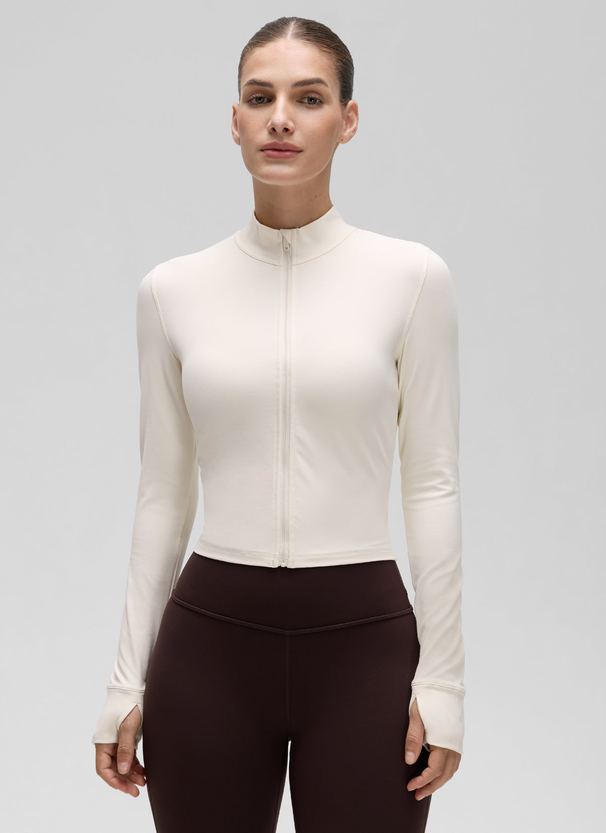 CRZ YOGA Women's Butterluxe Cropped Outerwear Full Zip Jackets White Apricot @model_info:J