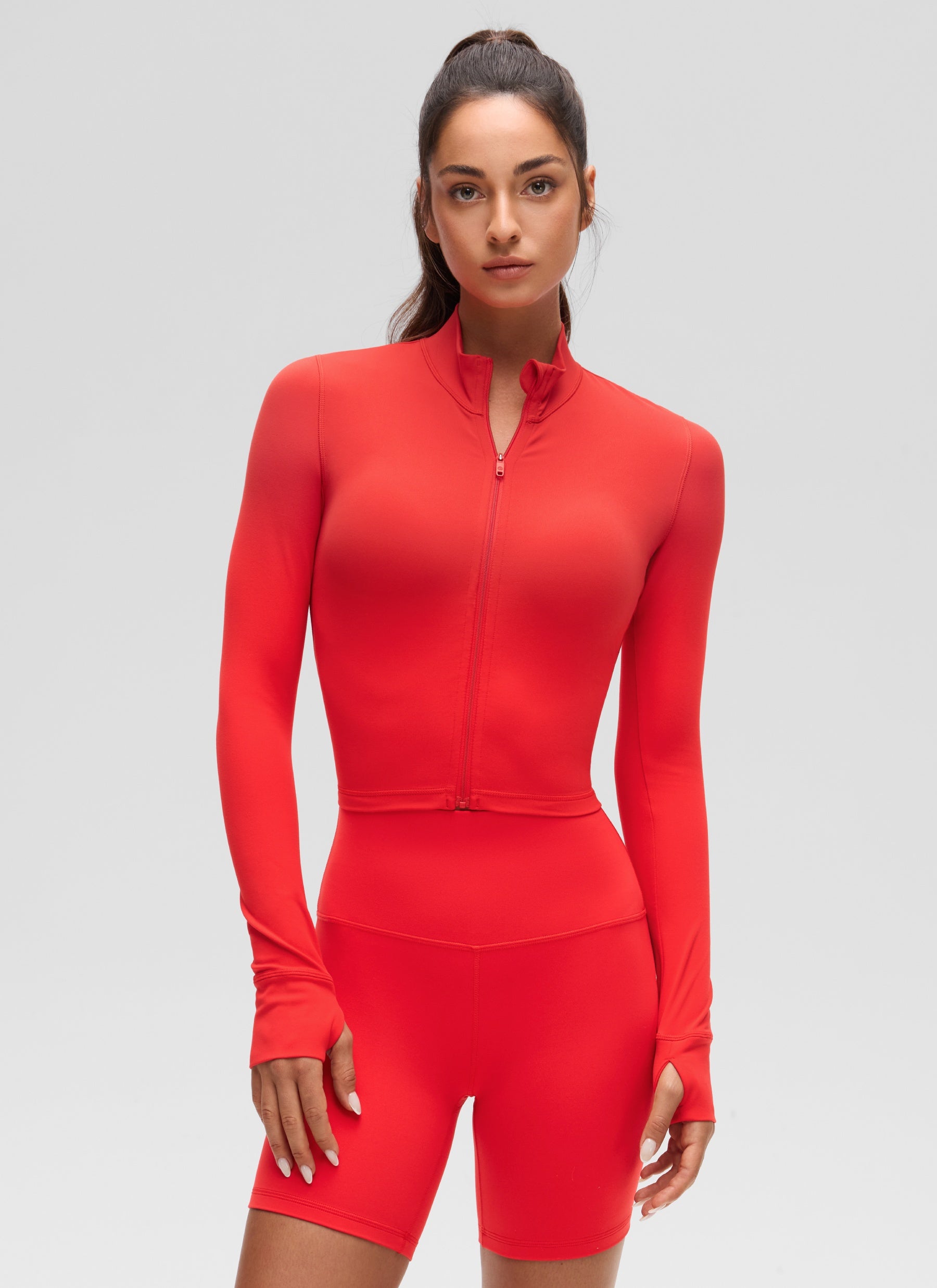 CRZ YOGA Women's Butterluxe Cropped Outerwear Full Zip Jackets Deep Red