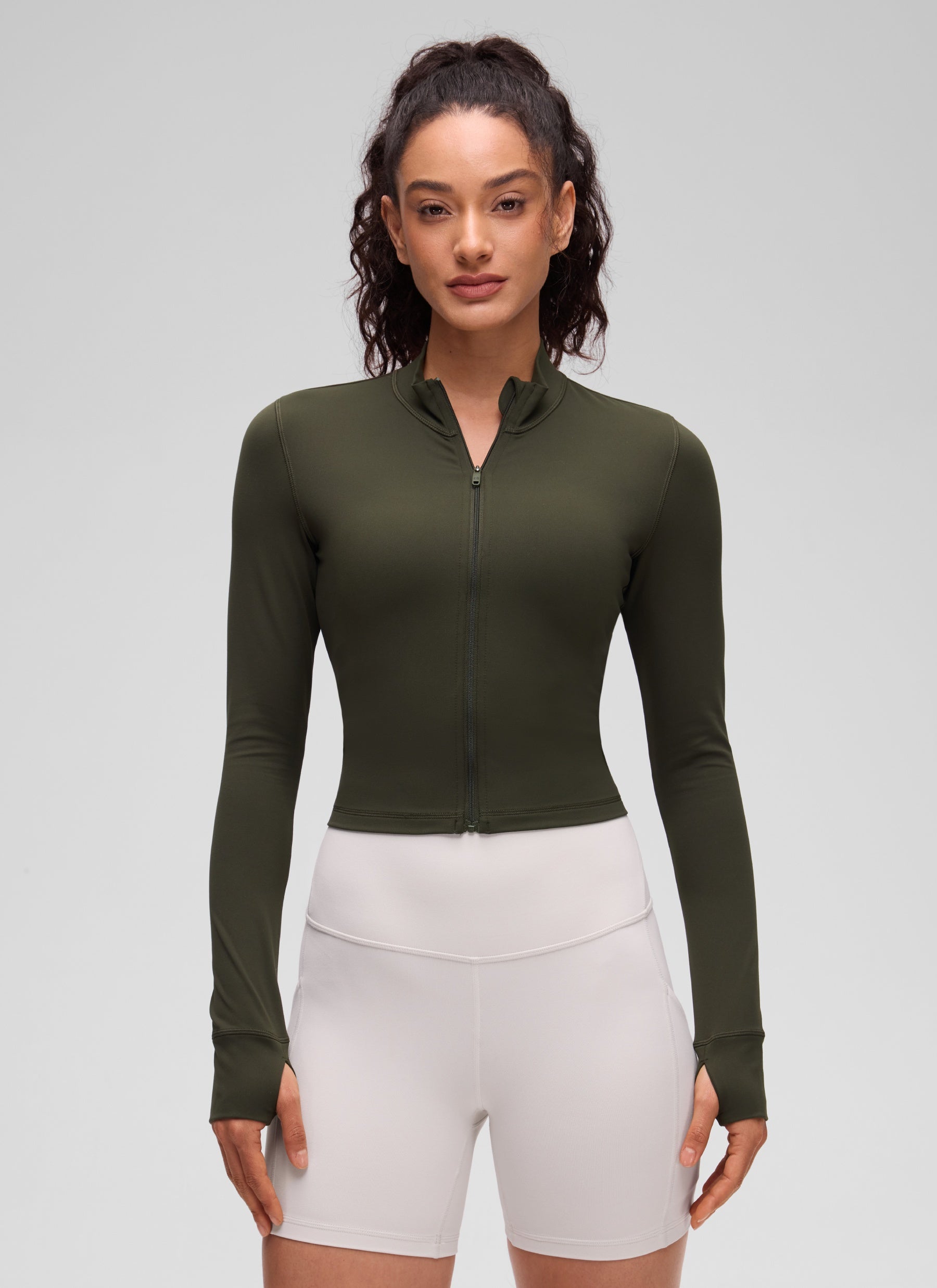 CRZ YOGA Women's Butterluxe Cropped Outerwear Full Zip Jackets Olive Green