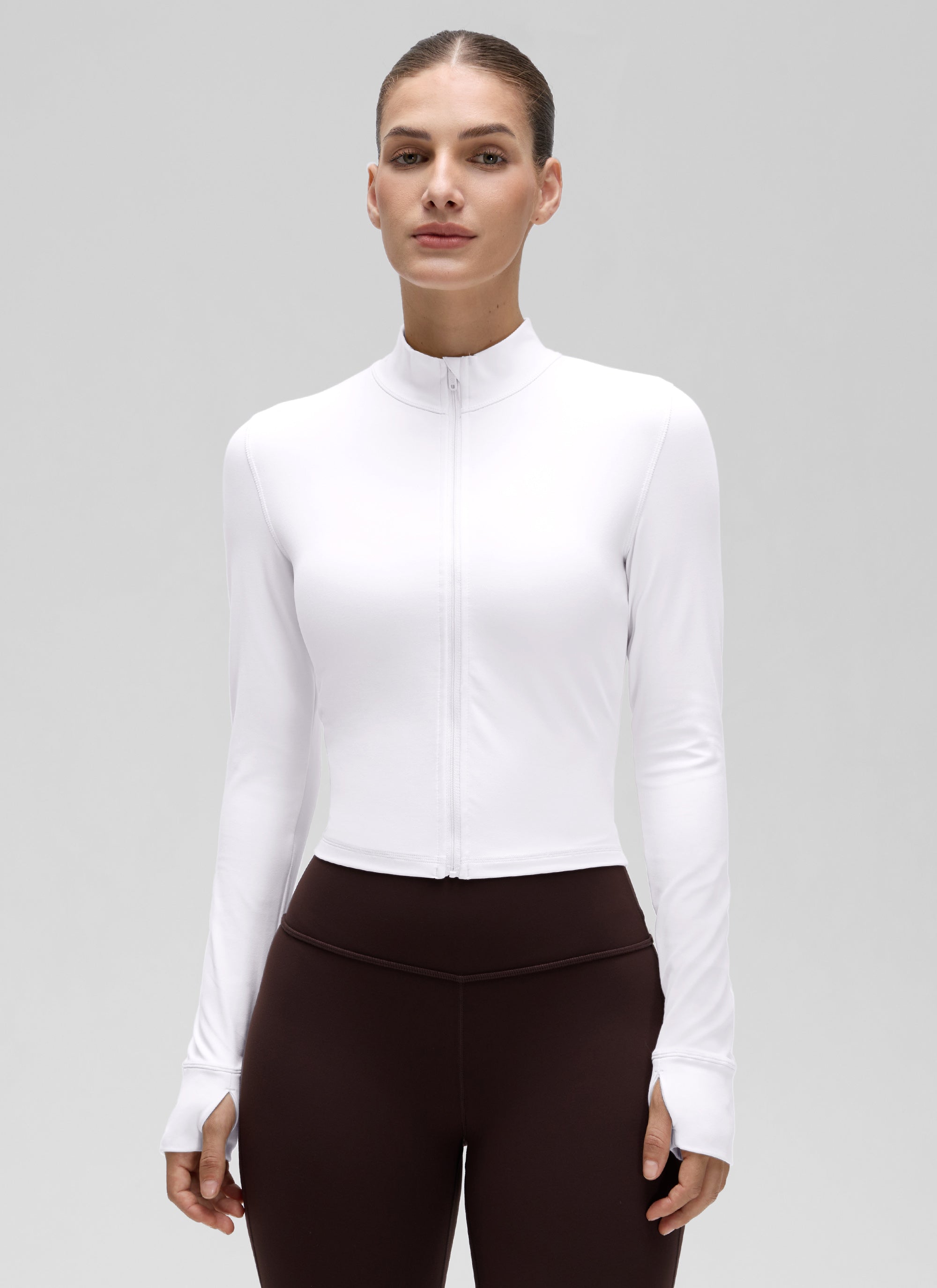 CRZ YOGA Women's Butterluxe Cropped Outerwear Full Zip Jackets White @model_info:J