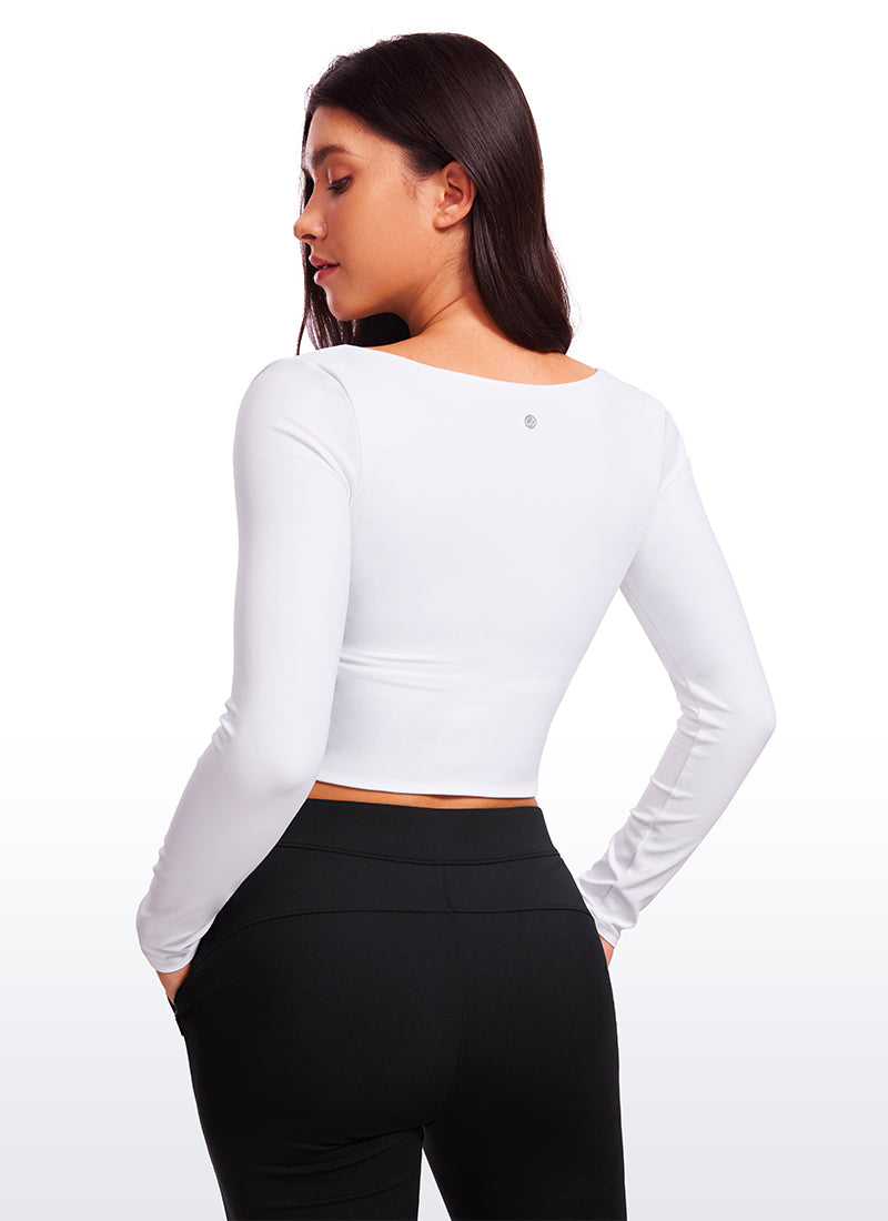 CRZ YOGA Women's Tight Fit Butterluxe Yoga Crop Long Sleeves Square Neck Deep Purple