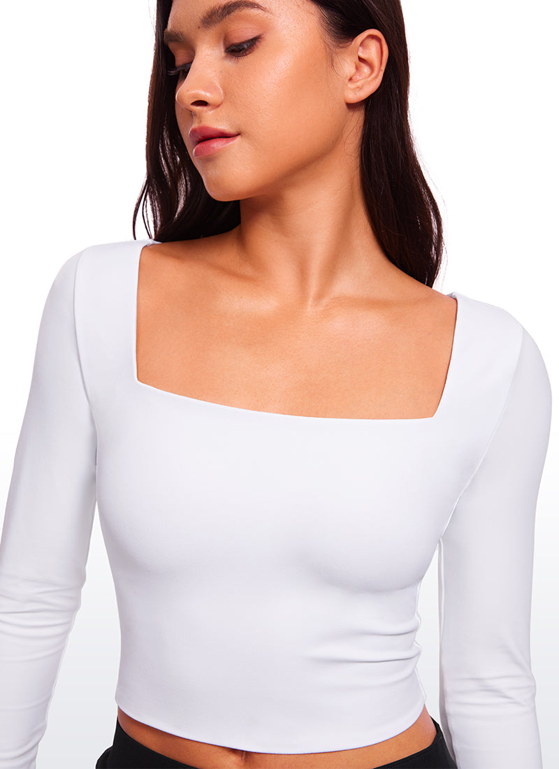 CRZ YOGA Women's Tight Fit Butterluxe Yoga Crop Long Sleeves Square Neck Deep Purple