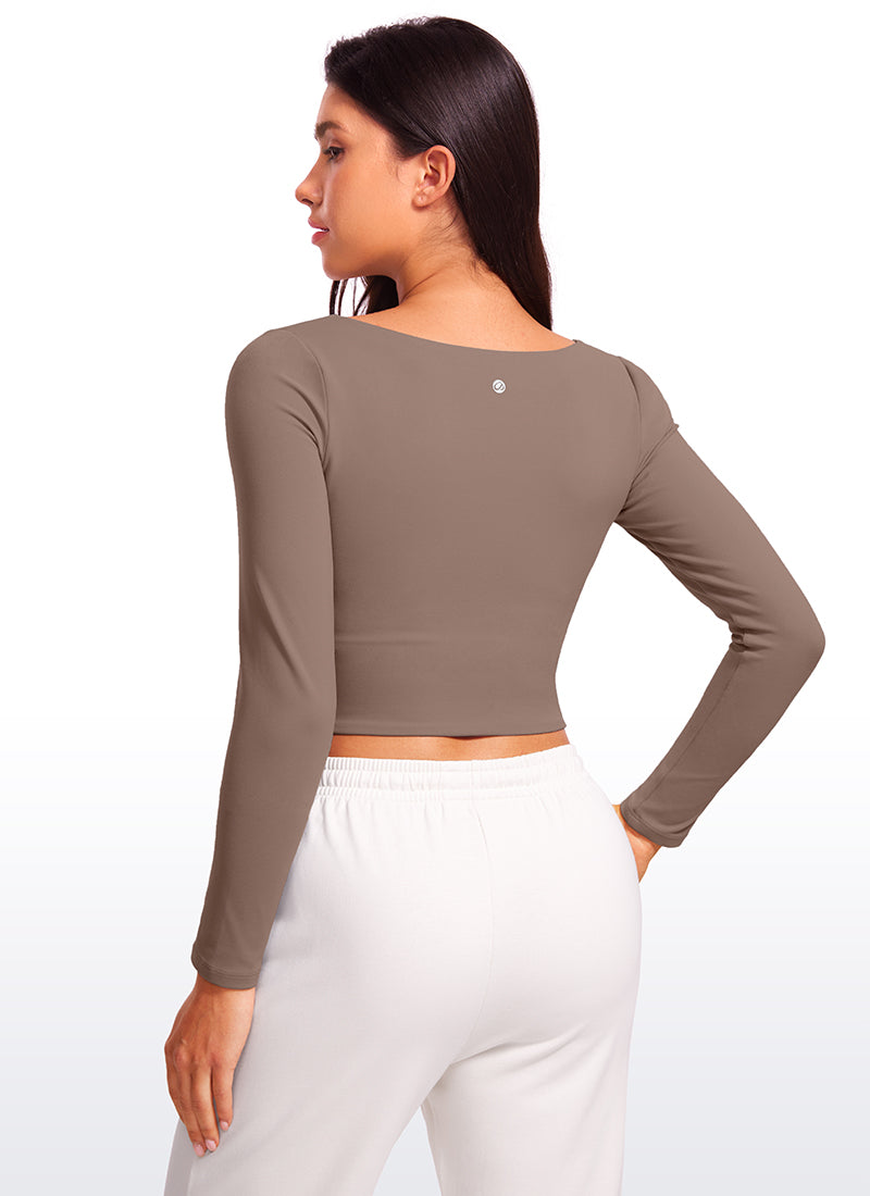 CRZ YOGA Women's Tight Fit Butterluxe Yoga Crop Long Sleeves Square Neck Deep Purple