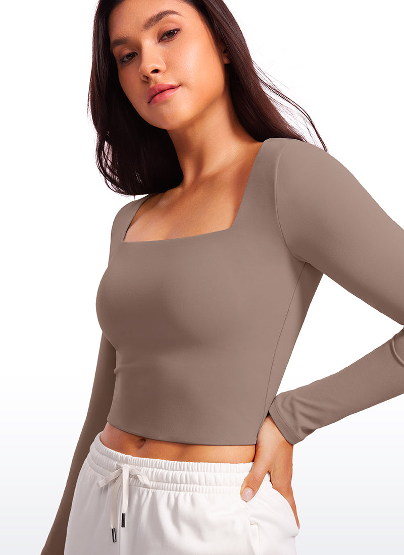 CRZ YOGA Women's Tight Fit Butterluxe Yoga Crop Long Sleeves Square Neck Olive Green