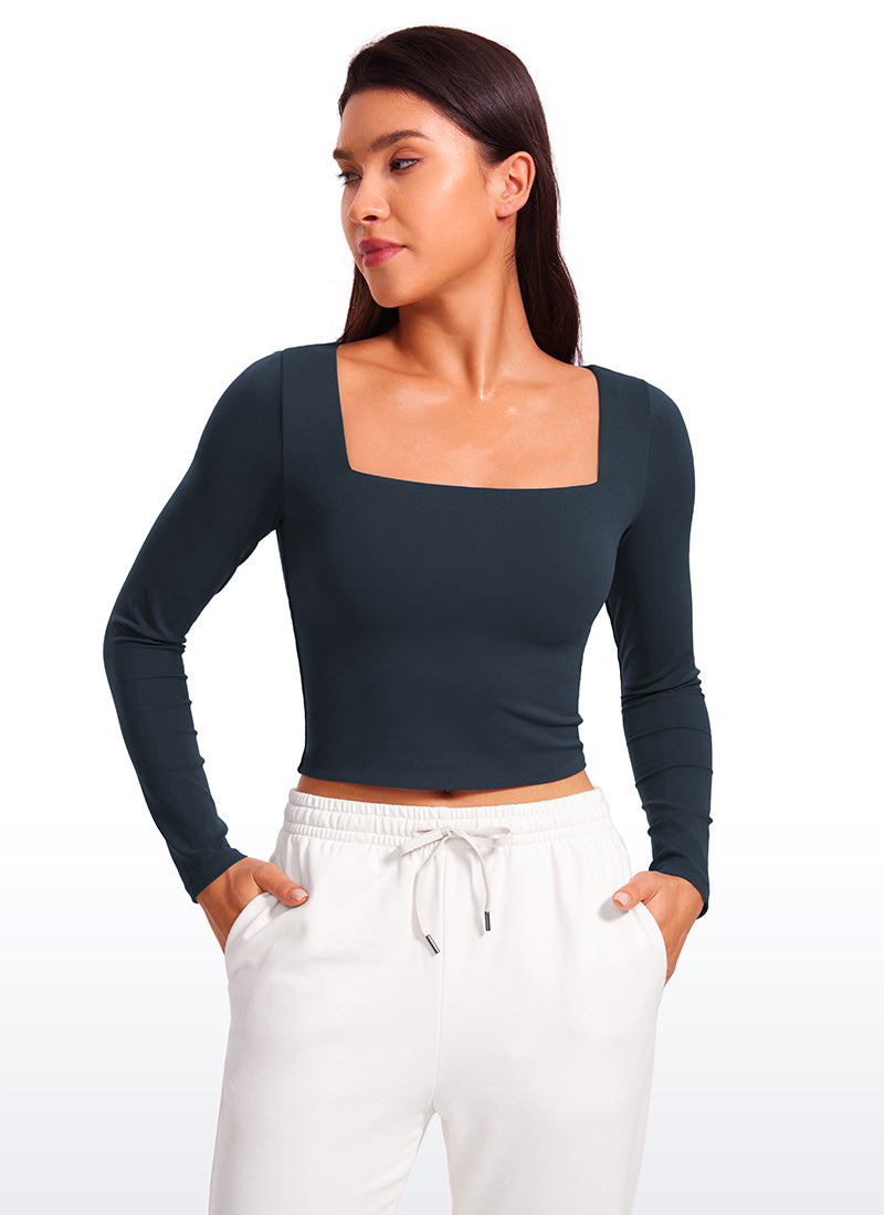 CRZ YOGA Women's Tight Fit Butterluxe Yoga Crop Long Sleeves Square Neck Black