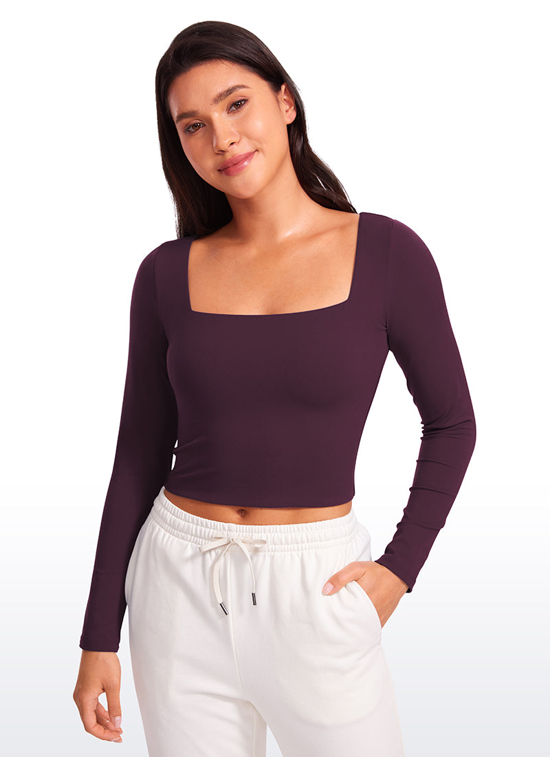 CRZ YOGA Women's Tight Fit Butterluxe Yoga Crop Long Sleeves Square Neck Black
