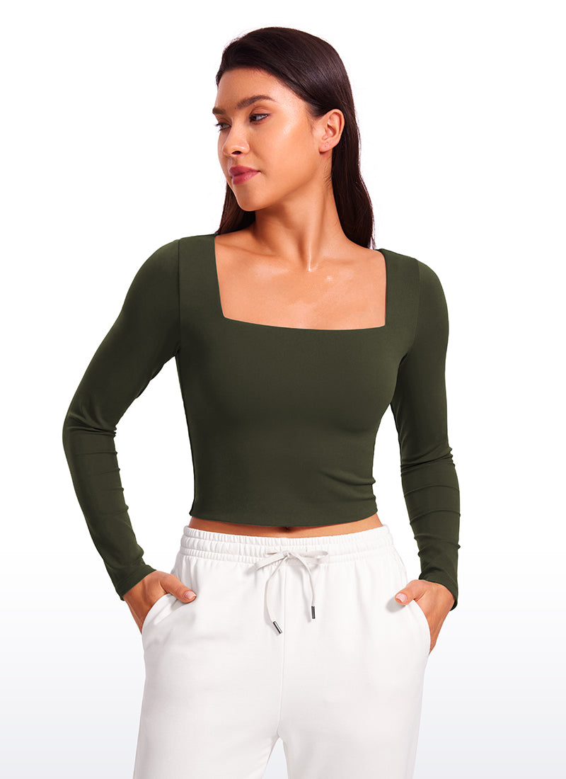 CRZ YOGA Women's Tight Fit Butterluxe Yoga Crop Long Sleeves Square Neck True Navy