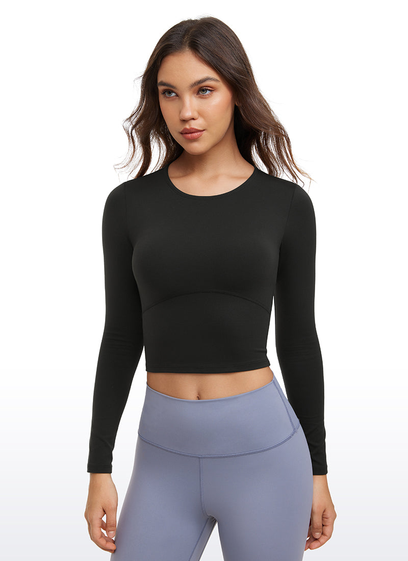 CRZ YOGA Women's Slim Fit Yoga Butterluxe Crop Long Sleeves Front Seam Black