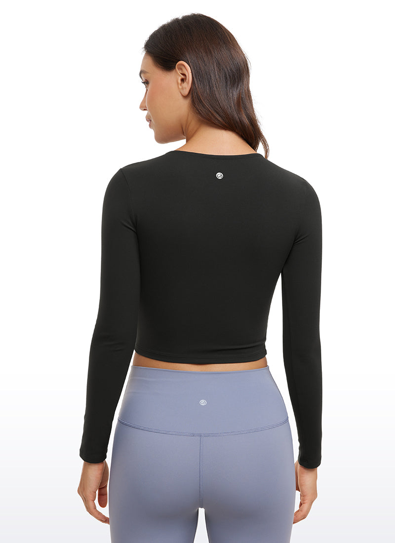 CRZ YOGA Women's Slim Fit Yoga Butterluxe Crop Long Sleeves Front Seam Black