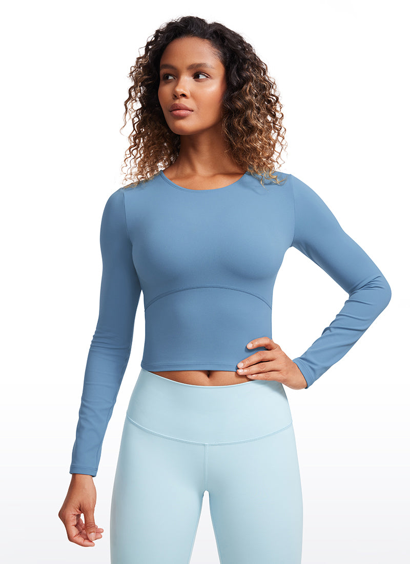 CRZ YOGA Women's Slim Fit Yoga Butterluxe Crop Long Sleeves Front Seam Universe Blue